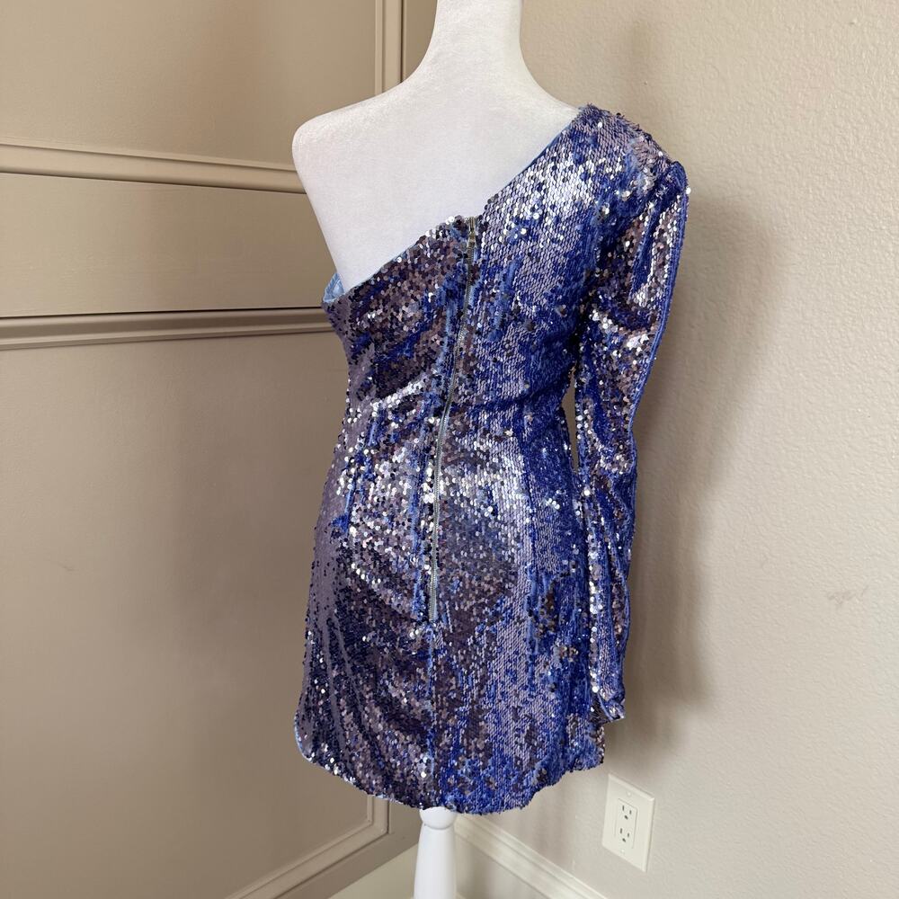 Bardot Blue Sequin One Shoulder Mini Dress Long Sleeve Size S US 4 - Picture 5 of 9